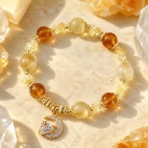 Citrine Rutilated Quartz Moon Princess Bracelet with golden beads and celestial accents