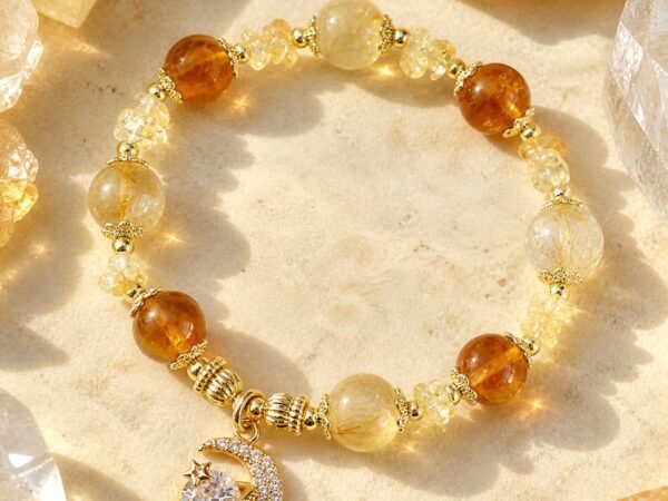 Citrine Rutilated Quartz Moon Princess Bracelet with golden beads and celestial accents