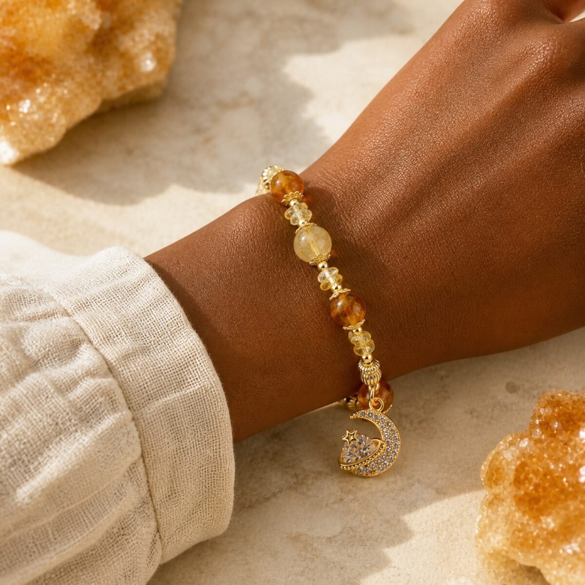 citrine-rutilated-quartz-moon-princess-bracelet-02-black-wrist Citrine Rutilated Quartz Moon Princess Bracelet