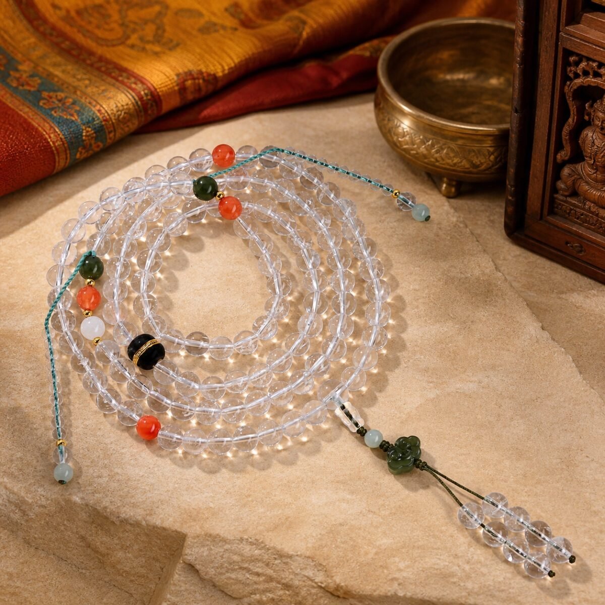 clear-quartz-green-carved-accent-mala-main Clear Quartz Green Carved Accent Mala