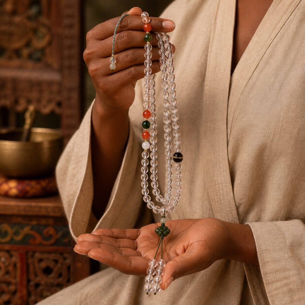 clear-quartz-green-carved-accent-mala-wear-dark Clear Quartz Green Carved Accent Mala