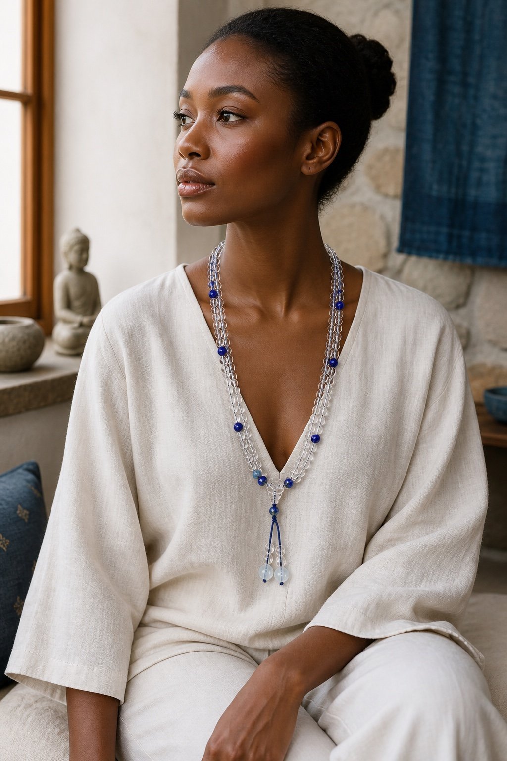 Clear Quartz Lapis Accent Mala