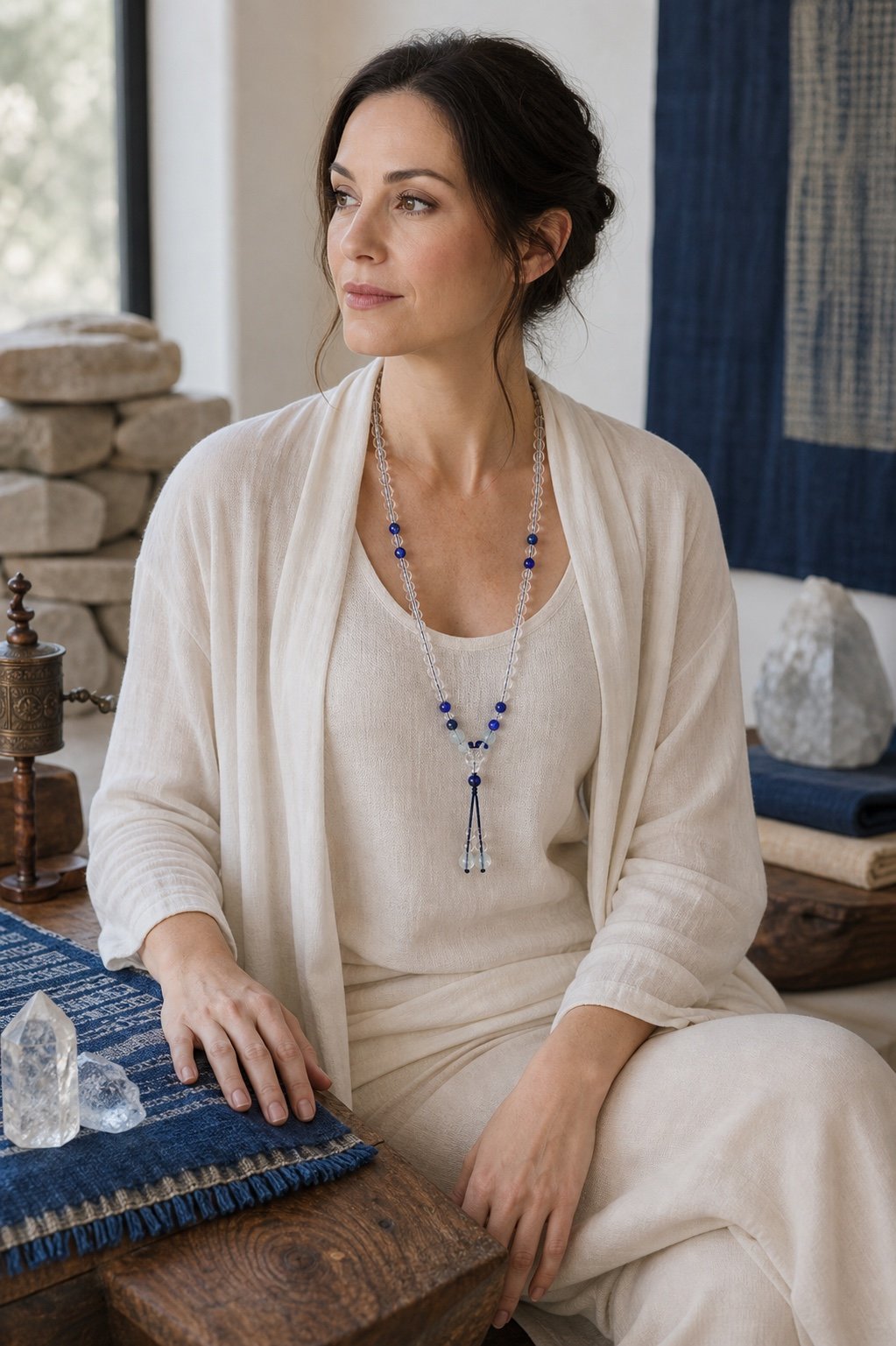 Clear Quartz Lapis Accent Mala