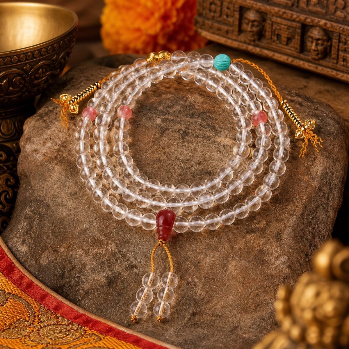 Clear Quartz Red Guru Bead Mala