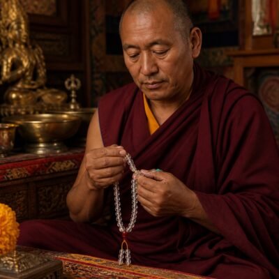 Clear Quartz Red Guru Bead Mala