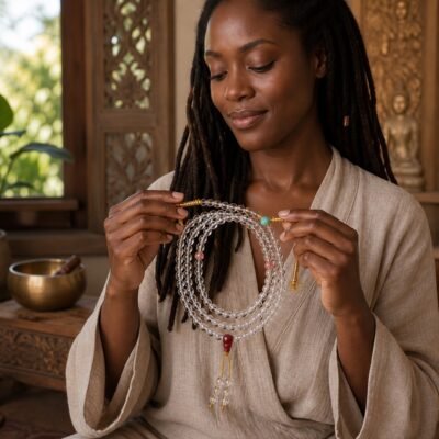 Clear Quartz Red Guru Bead Mala