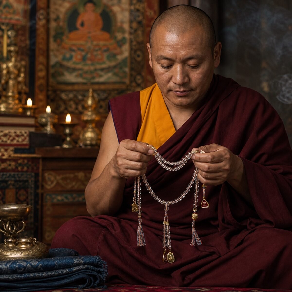 Clear Quartz Tibetan Charm Mala