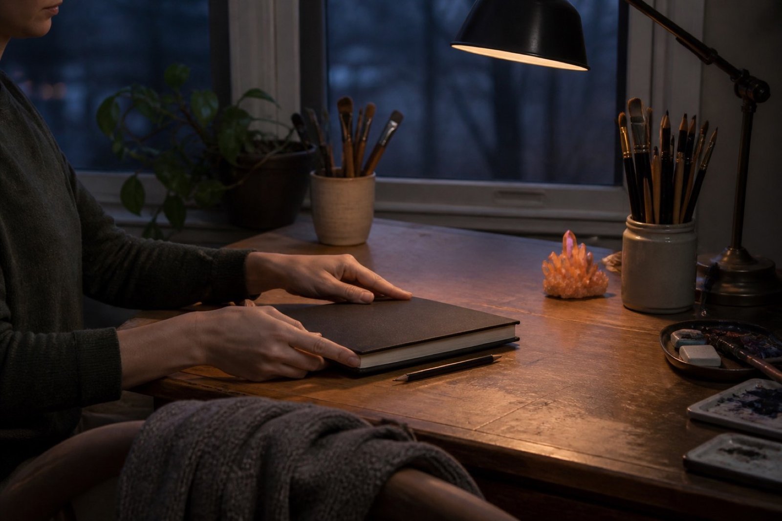 A tired artist closes a notebook at a quiet desk beside an orange crystal at night