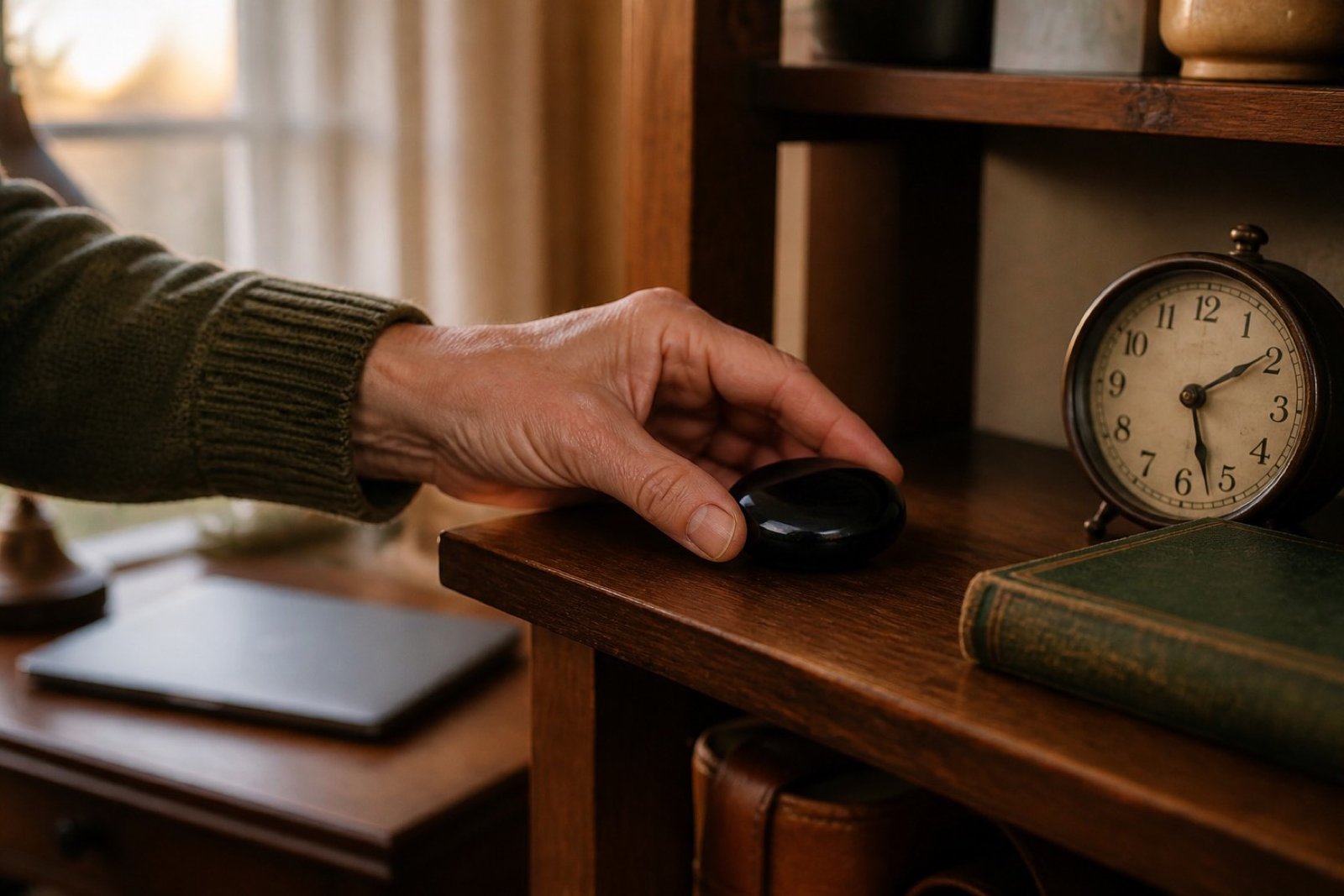 A hand moves a glossy black stone from a desk to a shelf beside a clock at the end of the workday