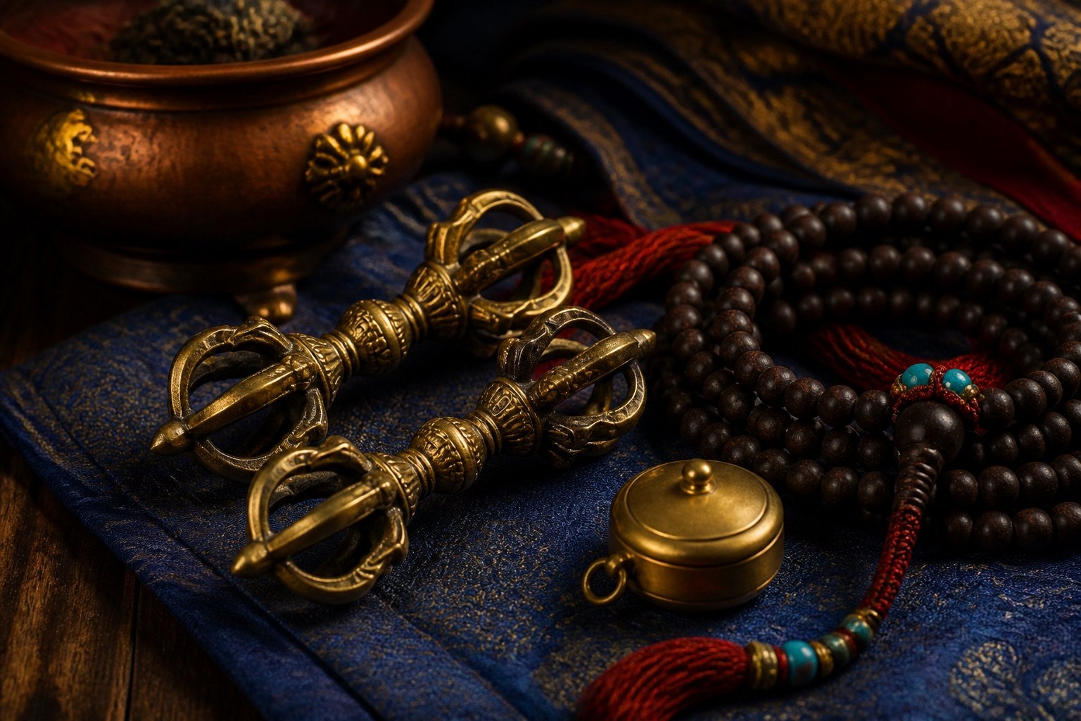 Bronze vajras, a ritual bell, and mala beads on blue brocade