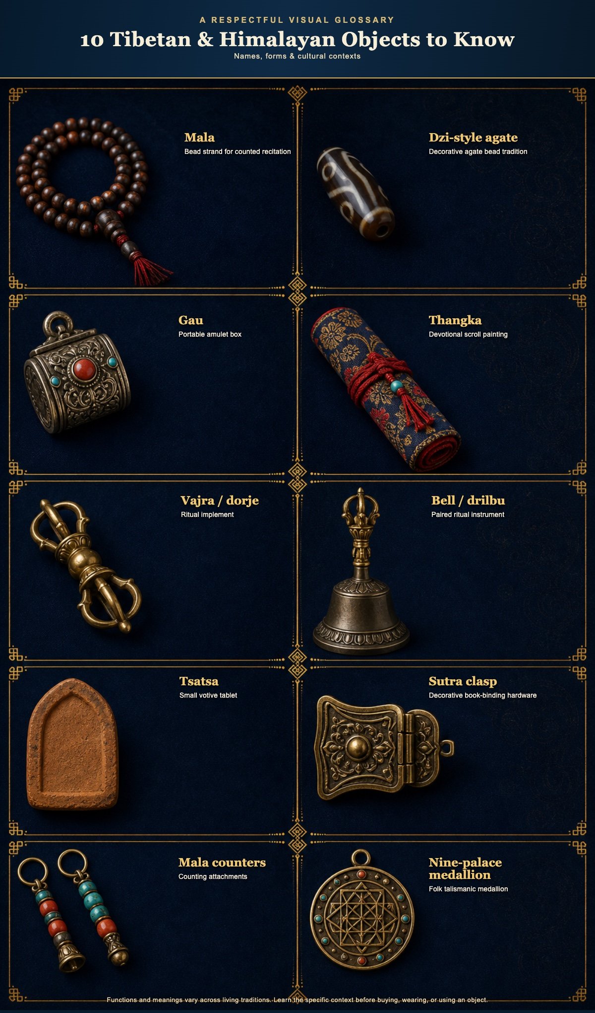 Visual glossary identifying ten Tibetan and Himalayan objects including mala beads, gau, vajra, bell, thangka, and ritual accessories
