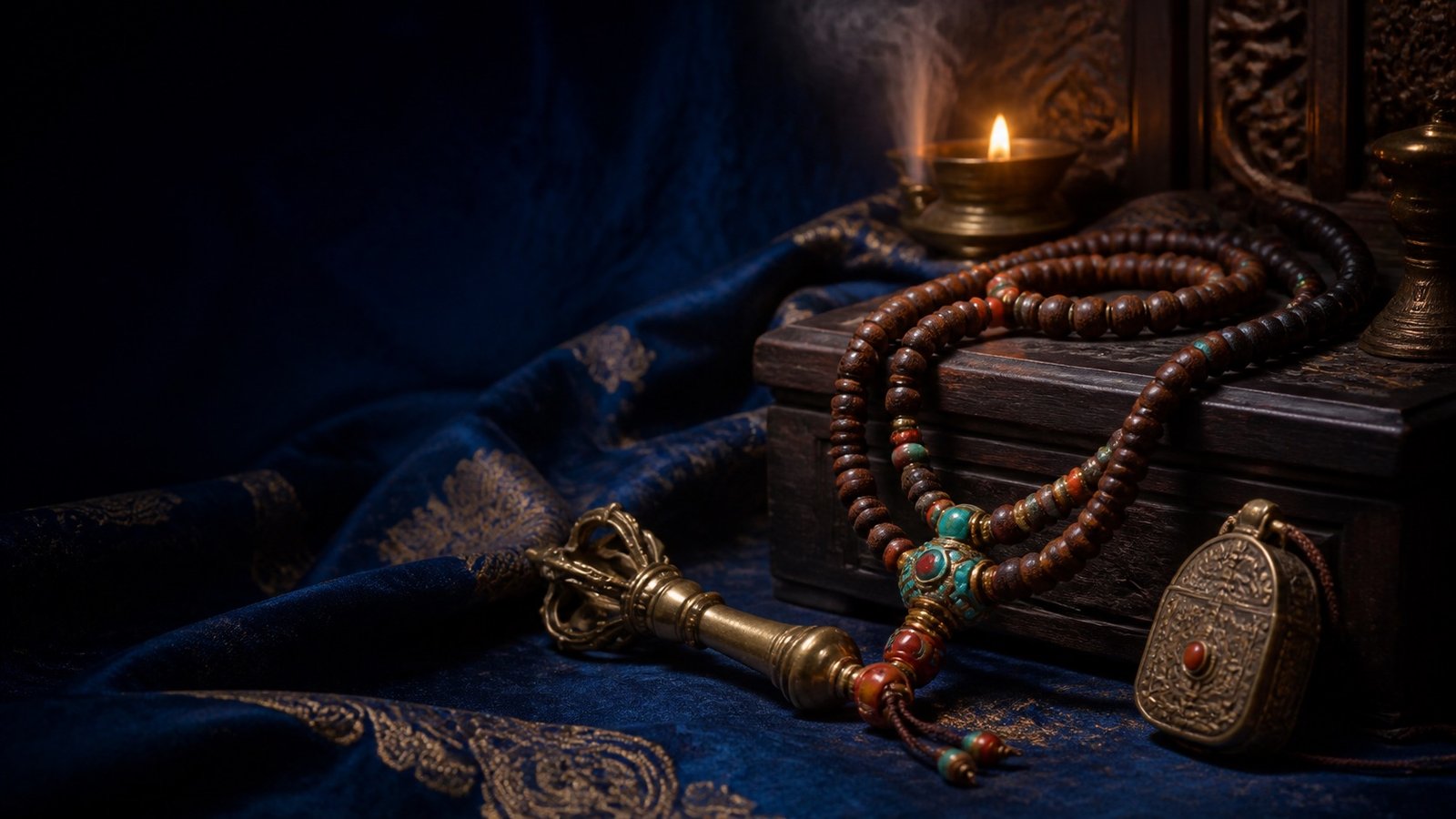 Tibetan mala beads, a vajra, a gau amulet box, and a butter lamp arranged on deep blue brocade