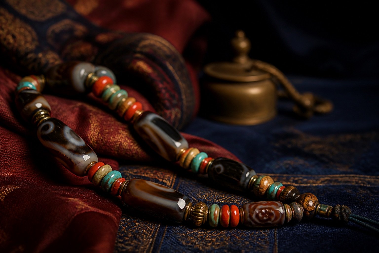 Dzi-style agate beads with turquoise and coral-colored spacers on woven textiles