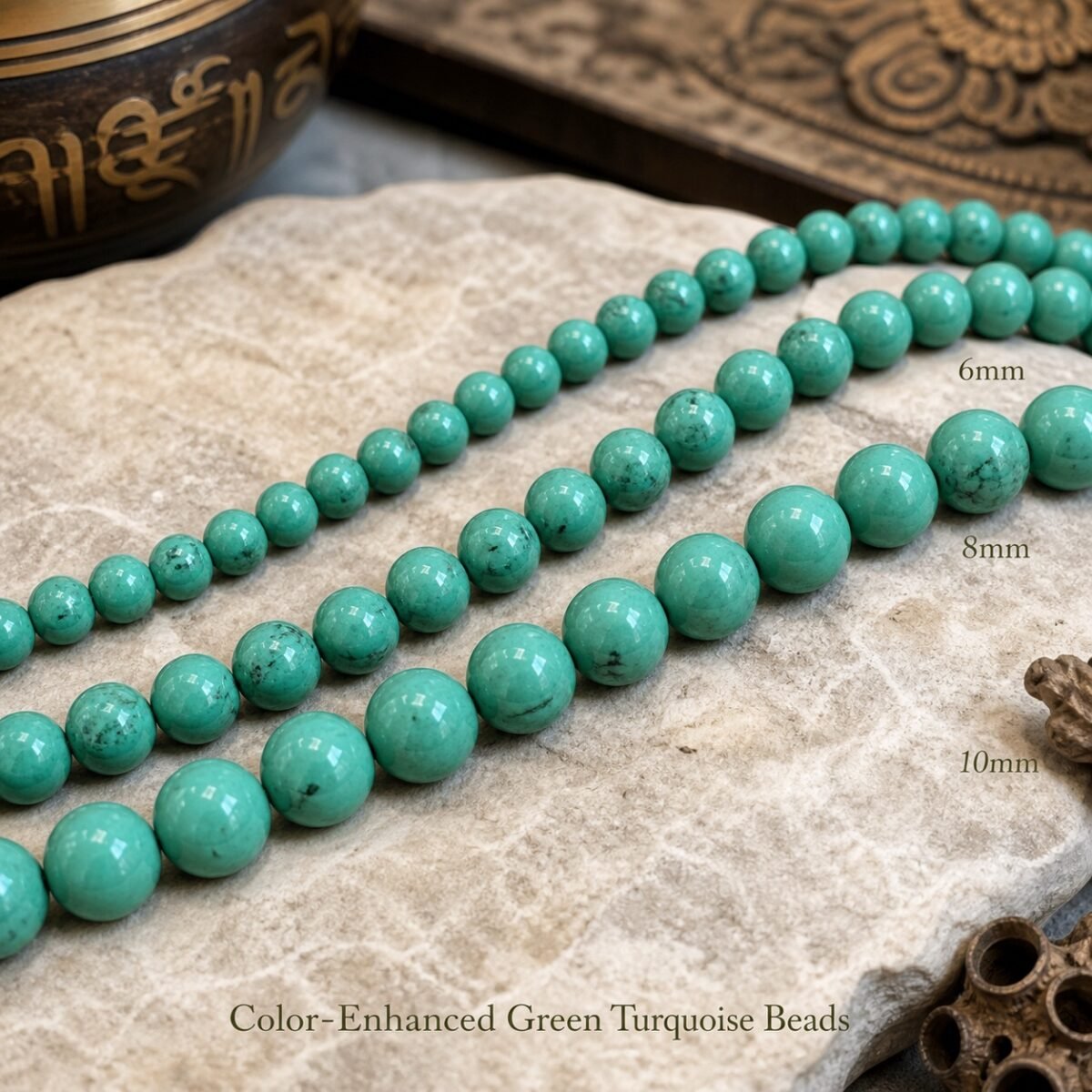 color-enhanced-green-turquoise-beads-text-main Color-enhanced green turquoise beads shown in 6 mm 8 mm and 10 mm sizes