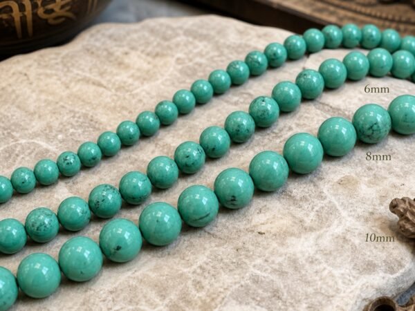 color-enhanced-green-turquoise-beads-text-main Color-enhanced green turquoise beads shown in 6 mm 8 mm and 10 mm sizes
