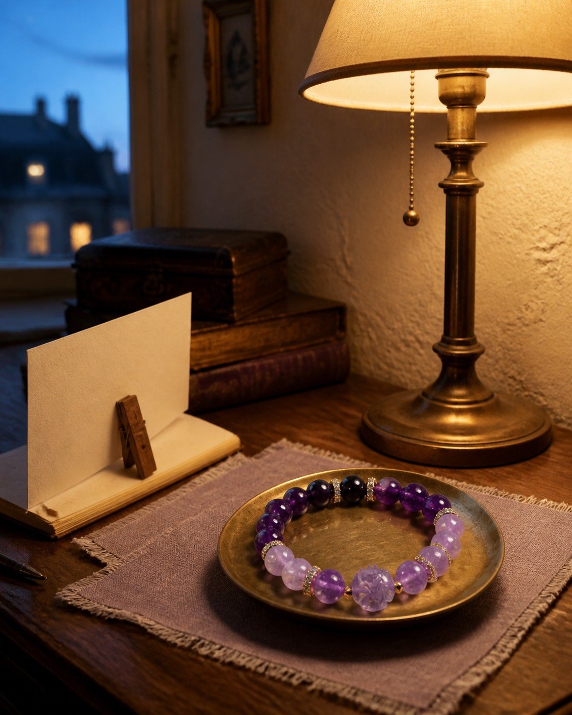 An amethyst bracelet tested beside violet flowers and warm everyday objects before purchase