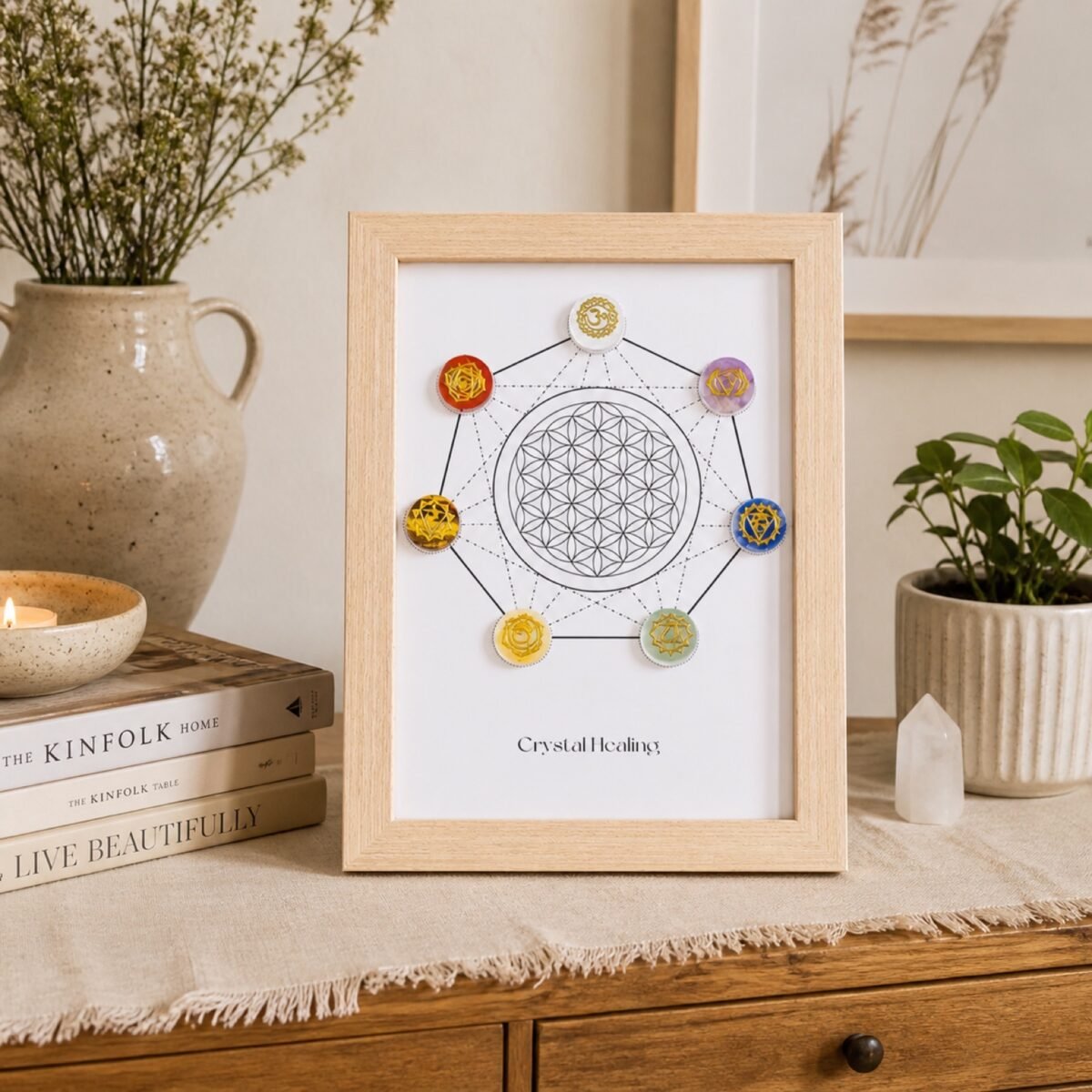 Sacred Geometry Frame showing a Flower of Life circular pattern with seven colorful crystal accents on a tabletop.