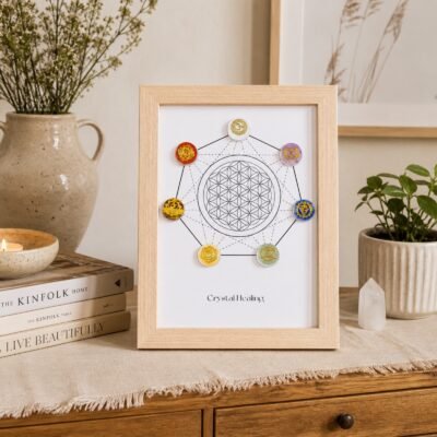 Sacred Geometry Frame showing a Flower of Life circular pattern with seven colorful crystal accents on a tabletop.