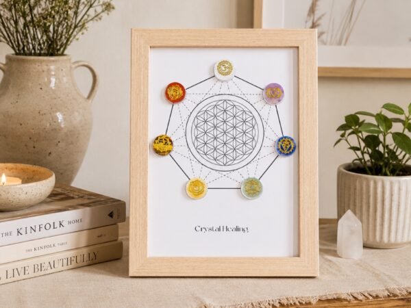 Sacred Geometry Frame showing a Flower of Life circular pattern with seven colorful crystal accents on a tabletop.