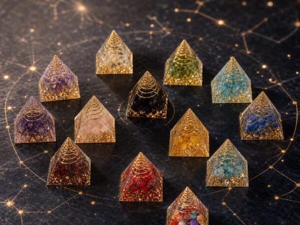 Crystal intention pyramid with crystal chips in clear resin