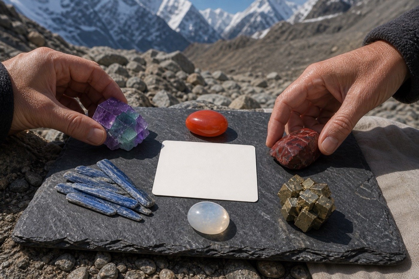 Crystal reset ritual care: hands arrange fluorite, carnelian, blue kyanite, moonstone, pyrite and red jasper