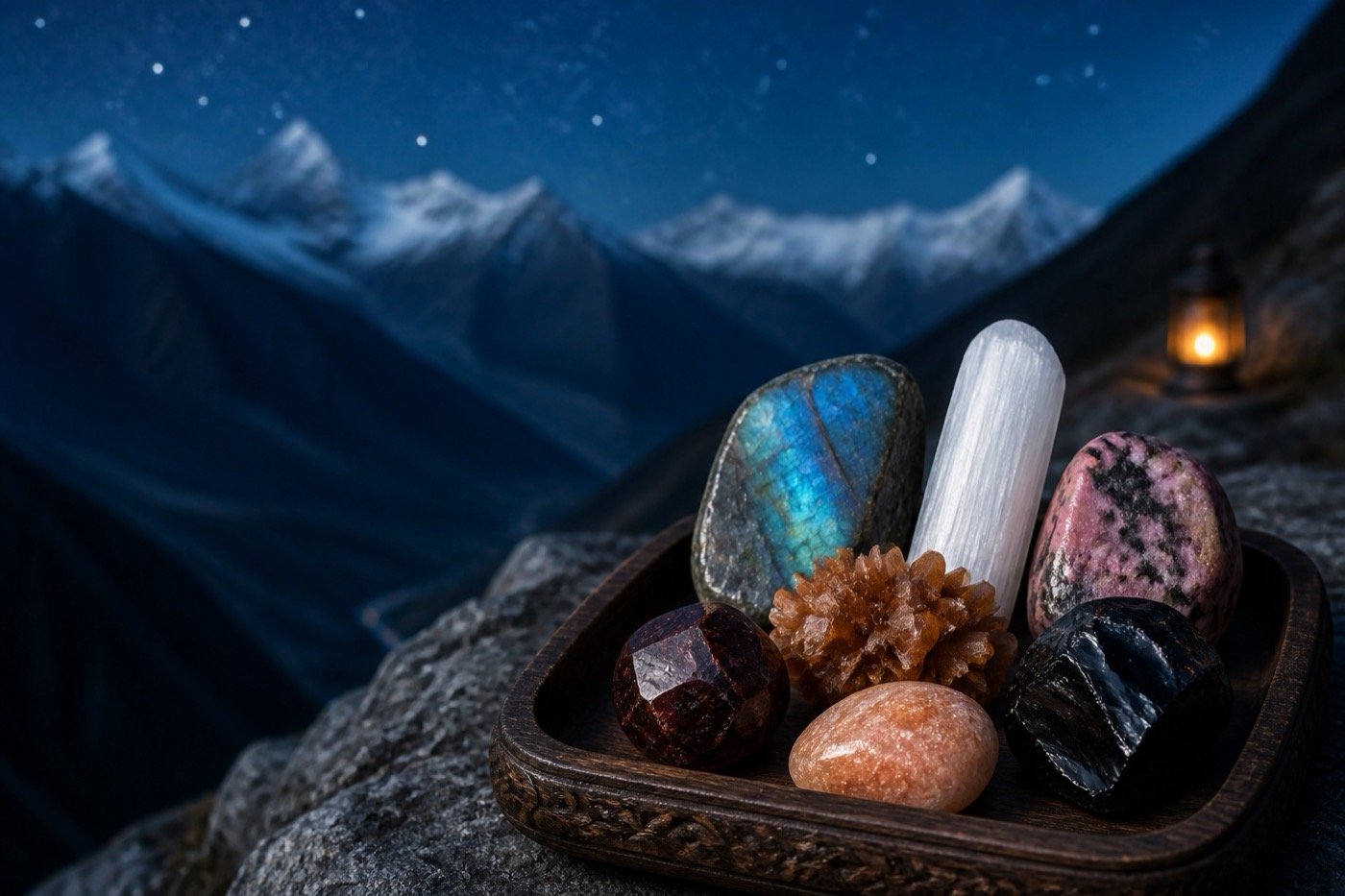 Labradorite, selenite, rhodonite, aragonite, obsidian, garnet and sunstone on a Himalayan rock ledge at blue hour