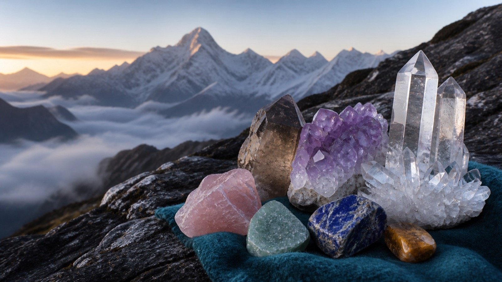 Clear quartz, amethyst, smoky quartz, rose quartz, green stone and lapis on a Himalayan ridge at dawn