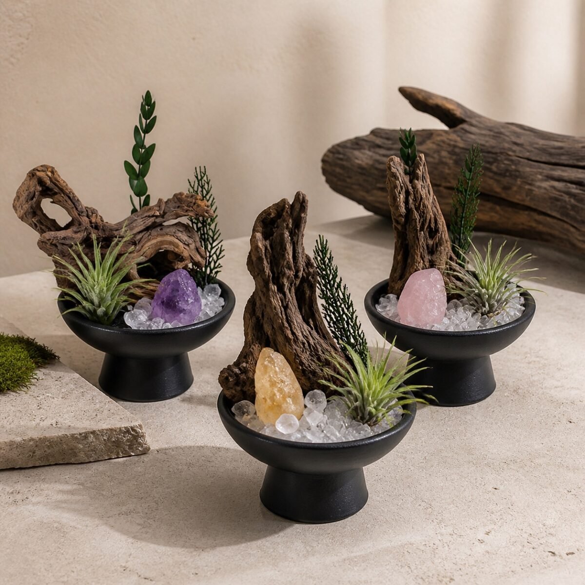 Crystal Root Garden Altar with natural crystal chips 4–5 cm raw crystal driftwood root and pedestal bowl