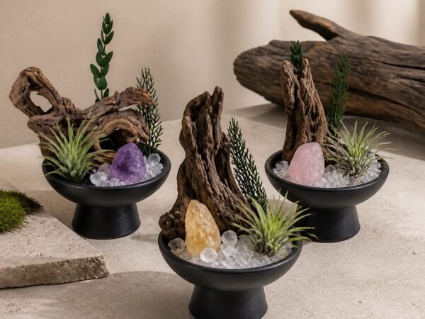 Crystal Root Garden Altar with natural crystal chips 4–5 cm raw crystal driftwood root and pedestal bowl