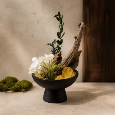 Citrine Altar Garden with citrine crystal-style chips decorative botanicals root-style base and pedestal bowl