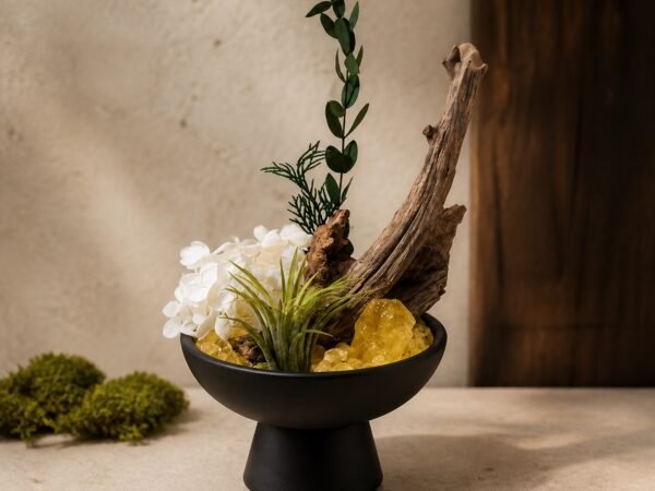 Citrine Altar Garden with citrine crystal-style chips decorative botanicals root-style base and pedestal bowl