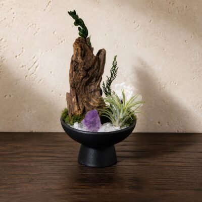 Clear Quartz Garden with clear quartz and amethyst chips decorative botanicals root-style base and pedestal bowl