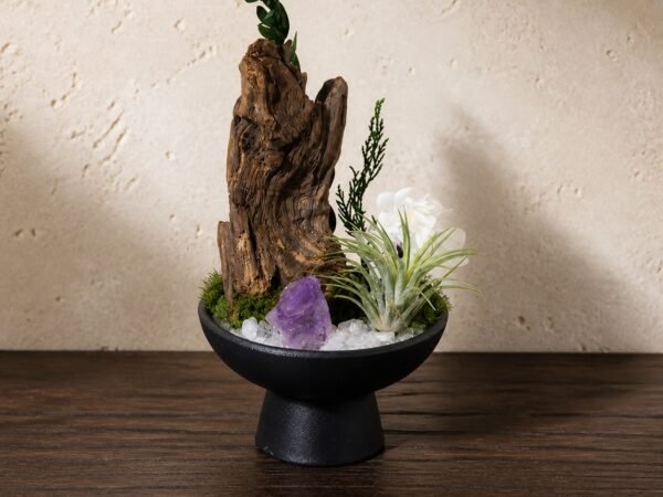 Clear Quartz Garden with clear quartz and amethyst chips decorative botanicals root-style base and pedestal bowl