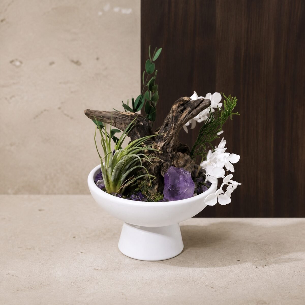 Amethyst Altar Garden with amethyst crystal-style chips decorative botanicals root-style base and pedestal bowl