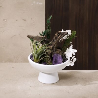 Amethyst Altar Garden with amethyst crystal-style chips decorative botanicals root-style base and pedestal bowl