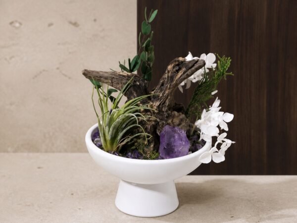crystal-root-garden-altar-04-amethyst Amethyst Altar Garden with amethyst crystal-style chips decorative botanicals root-style base and pedestal bowl