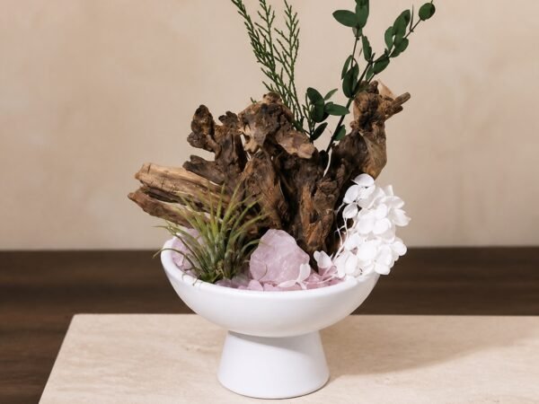 Rose Quartz Garden altar display with crystal-style chips decorative botanicals sculptural root-style base and pedestal bowl