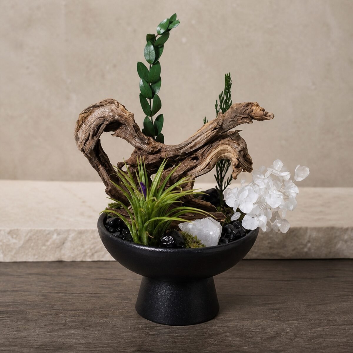 Black Obsidian Garden altar display with black obsidian crystal-style chips decorative botanicals root-style base and bowl