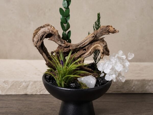 Black Obsidian Garden altar display with black obsidian crystal-style chips decorative botanicals root-style base and bowl