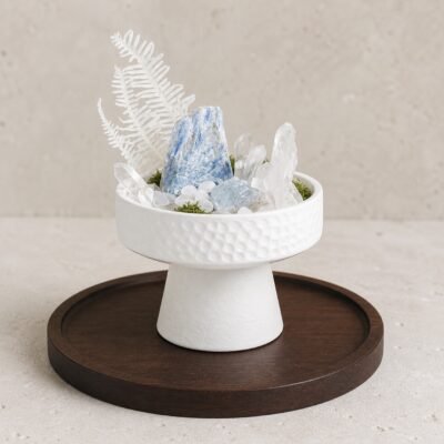 Blue Crystal Garden altar display with blue crystal-style chips decorative botanicals root-style base and pedestal bowl