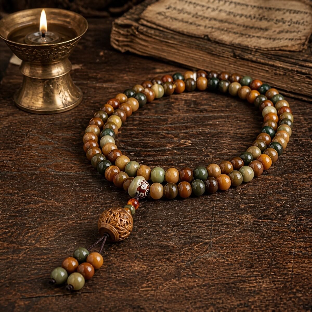 Flying Apsara Mala with 108 bodhi beads, amber accents, lotus-style terminal, and tassel