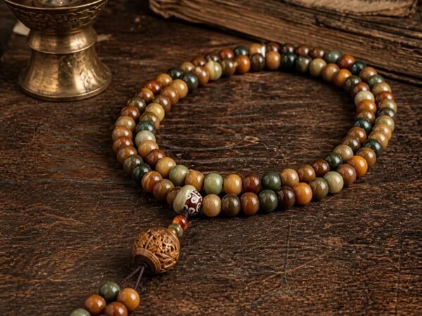 Flying Apsara Mala with 108 bodhi beads, amber accents, lotus-style terminal, and tassel