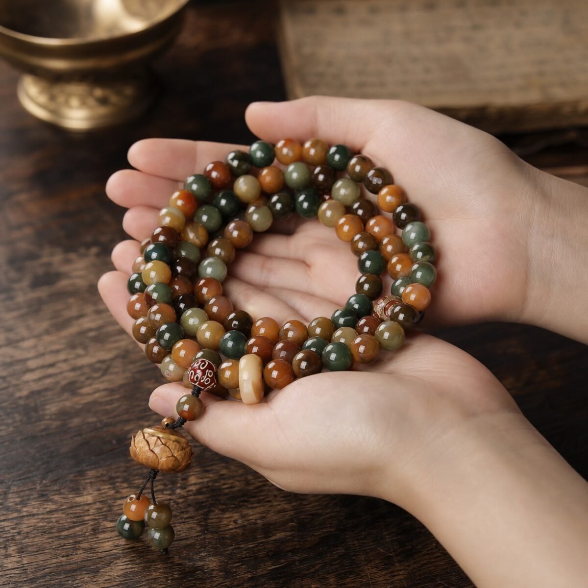 Dunhuang-Inspired 108-Bead Meditation Mala – Three-Eye Lotus