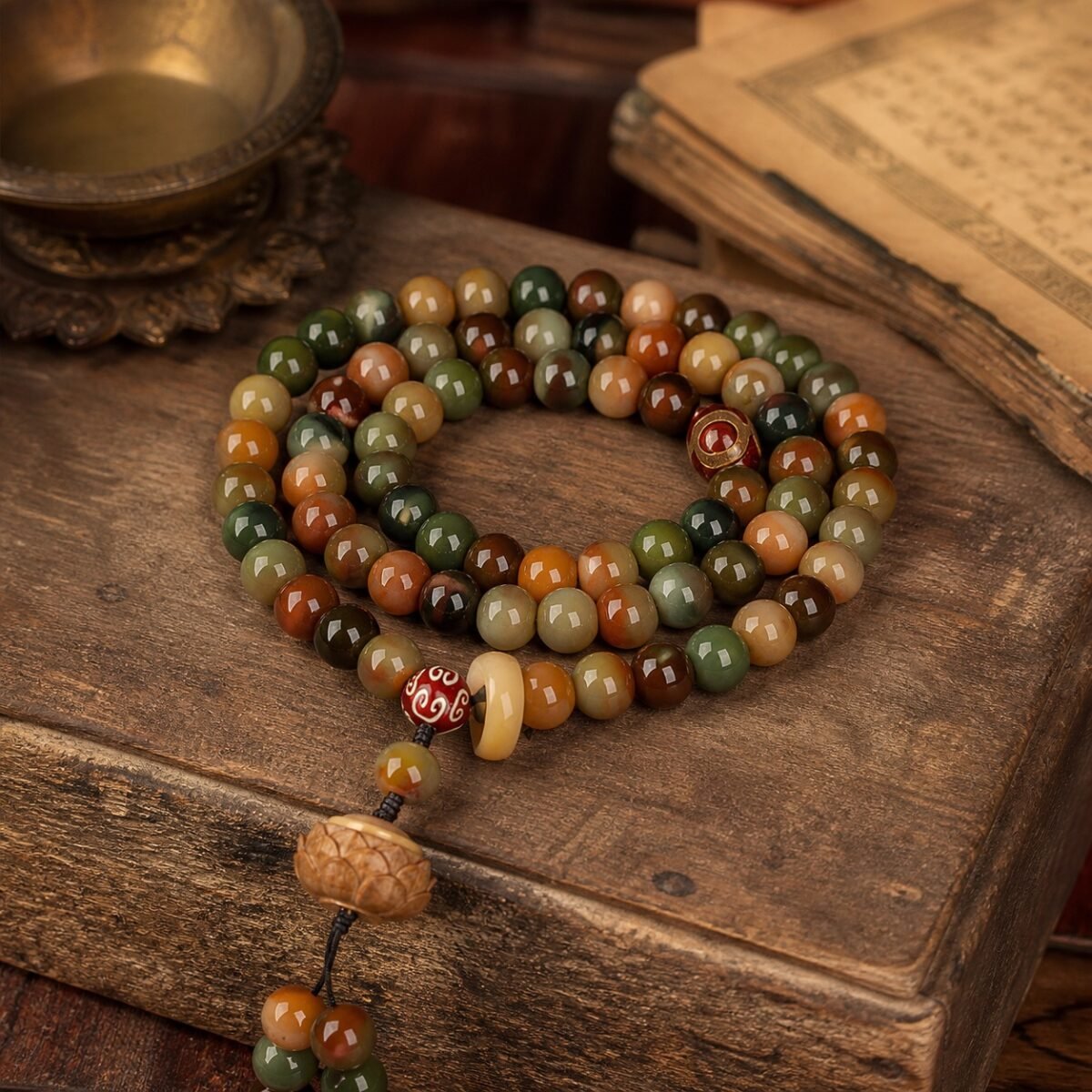 Three-Eye Lotus Mala with 108 jade, amber, and bodhi beads and lotus-inspired terminal
