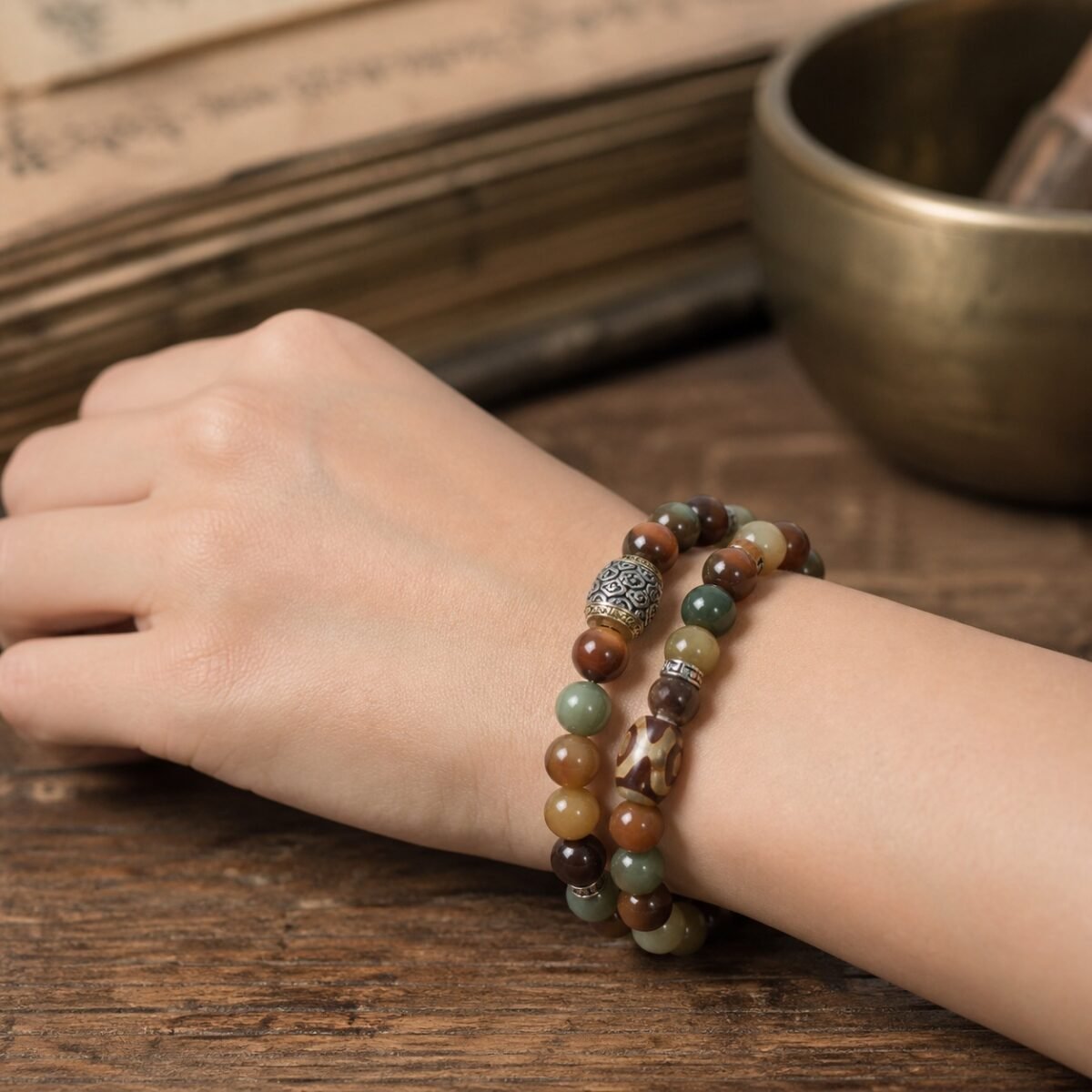 Dunhuang-Inspired Double-Wrap Bead Bracelet – Ink Mist