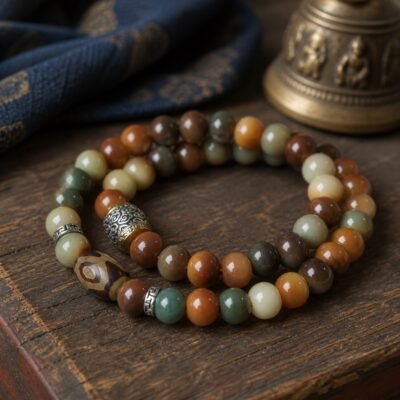 Ink Mist Bead Bracelet in muted jade, ink-brown, amber, and cream tones