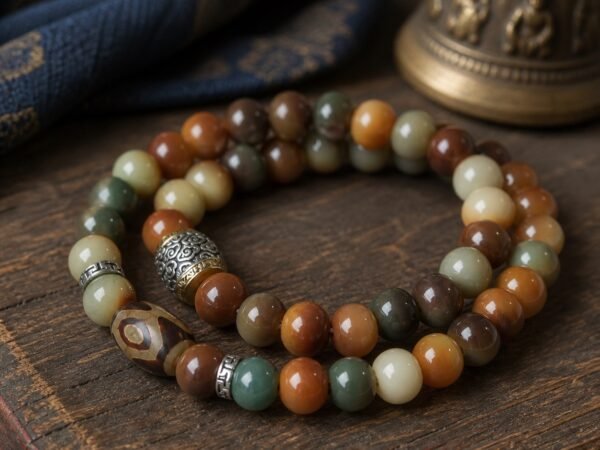 Ink Mist Bead Bracelet in muted jade, ink-brown, amber, and cream tones