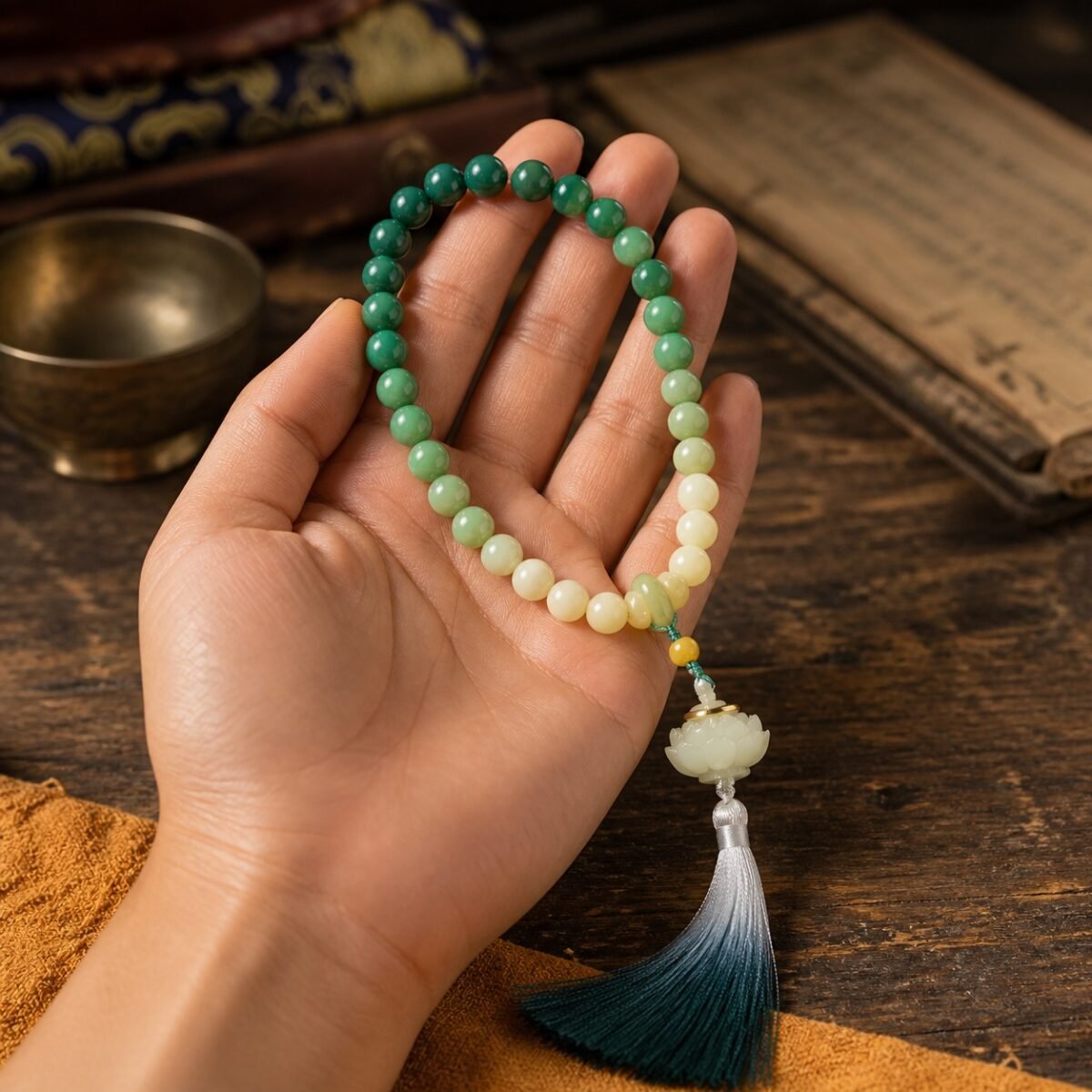 Dunhuang-Inspired Hand-Held Prayer Strand – Gradient Lotus