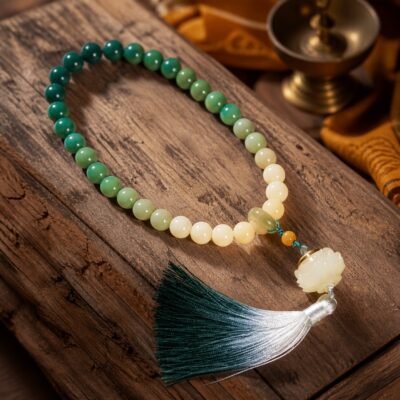 Gradient Lotus Prayer Strand with green, sage, and cream bodhi beads and lotus terminal