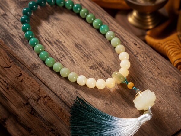 Gradient Lotus Prayer Strand with green, sage, and cream bodhi beads and lotus terminal